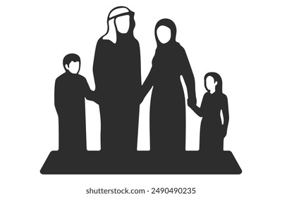 Arabian parents with their kids. Silhouette illustration. Muslim, Arab, parents.