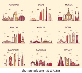 Península Arábica silhueta detalhada. Abu Dhabi, Dubai, Meca, Riade, Mascate, Doha, Cidade do Kuwait, Bagdá, Manama. Ilustração vetorial na moda, estilo de arte de linha.