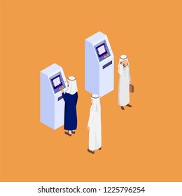 Arabian People in Automatic Teller Machine Isometric Vector Illustration