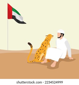 Arabian people with pets tiger. In style Cartoon flat Vector Illustration