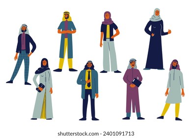 Arabian people set in flat character design for web. Bundle persons of arabic man and woman in traditional or modern clothes and hijab, muslim businesspeople standing and posing. Vector illustration.