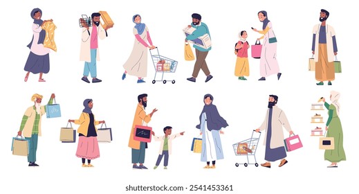 Gente árabe de compras. Tienda saudita del dubai de los Clientes musulmanes, pareja árabe de la familia feliz musulmana en hijab islámico tradicional de la bufanda del vestido, Ilustración vectorial elegante de los compradores de la tienda de la venta