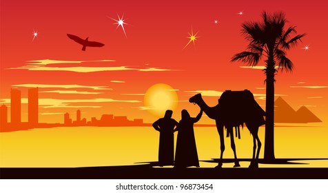 Arabian people stand whit camel on the city buildings and pyramids background