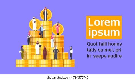 Arabian People Standing At Bitcoin Stack Crypto Currency Web Money Concept Digital Cryptocurrency Mining Banner With Copy Space Flat Vector Illustration