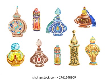 Arabian Perfumes. Set Of Oil Oud Fragrance On Beautiful Vintage Bottles. Islamic Aroma Oil Musk. Vector Illustration.