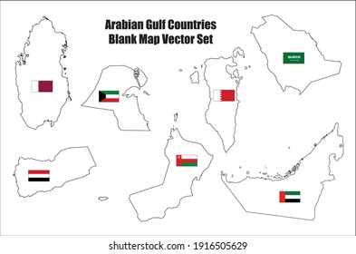 Arabian Or Persian Gulf Countries Map Outline Vector Icon Set With Flags For Middle East Concepts. 