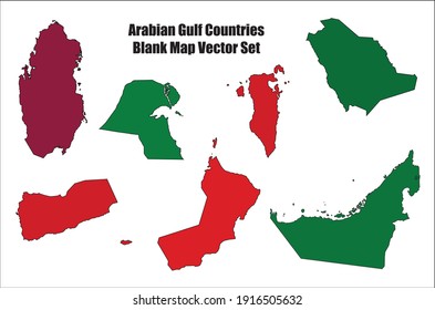 Arabian Or Persian Gulf Countries Map Outline Vector Icon Set With Flag Colors For Middle East Concepts. 