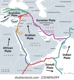 Arabian Plate, gray tectonic map. Minor tectonic plate, consisting mostly of Arabian Peninsula. Together with the African and Indian plates it is moving northward, colliding with the Eurasian plate.