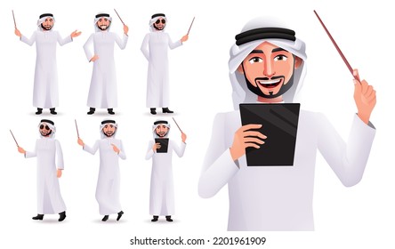 Arabian professor vector character set. Arab male teacher characters collection holding pointer and tablet isolated in white background for professional emirati design. Vector illustration.
