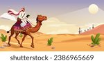 Arabian rider mounted brown camel travel around Sahara desert. Decorated saddle. Man upon wildlife animal with hump. Safari transportation. Isolated on white background. Vector illustration