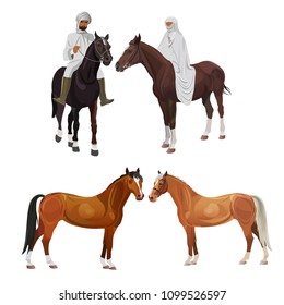 Arabian riders in traditional dress and horses. Vector illustration isolated on white background