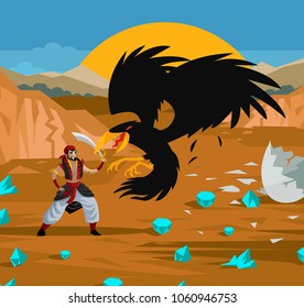 arabian sailor adventurer fighting giant bird