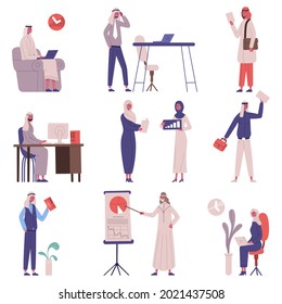 Arabian Saudi islamic office business team people. Muslim man and woman business busy characters work in office vector illustration set. Arab business colleagues giving presentation