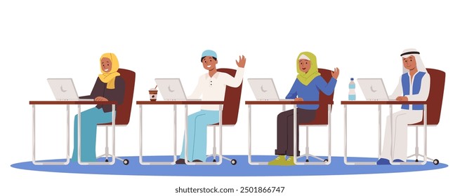 Arabian school children at the table with laptop in national clothes. Muslim boys and girls students studying in computer class. Vector flat illustration cartoon style. College or university education