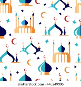 Arabian seamless pattern with moon stars and mosque. vector illustration