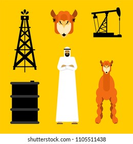 Arabian set. Arab and oil pump. Petrol Barrel and camel. OAE guy. Vector illustration
