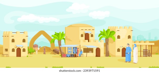 Arabian small town cityscape architecture, cartoon buildings, muslim antique mosque, traditional town. Camel caravan with bedouin. Authentic middle east religion urban house. Vector illustration