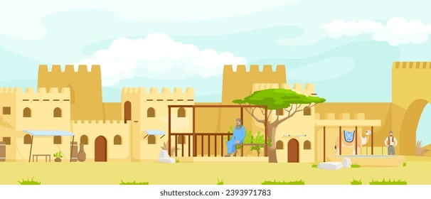 Arquitectura del paisaje urbano árabe, edificios de dibujos animados, mezquita antigua musulmana, pueblo tradicional. Caravana de camello con beduina. Auténtica casa urbana de religión de oriente medio. Ilustración del vector