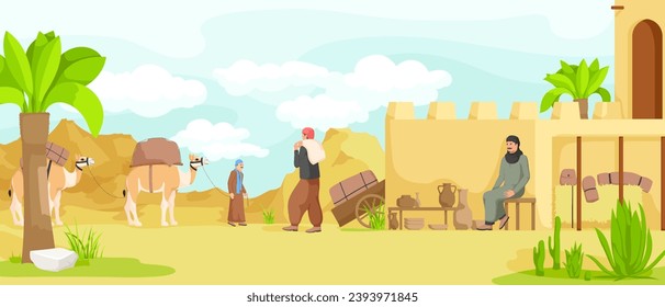 Arabian small town cityscape architecture, cartoon buildings, muslim antique mosque, traditional town. Camel caravan with bedouin. Authentic middle east religion urban house. Vector illustration