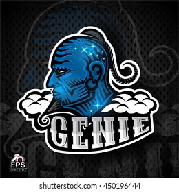  Arabian spirit blue face in profile with beard and scythe. Logo for any sport team genie