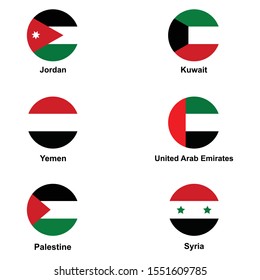 Arabian states flags icon set. Jordan, United Arab Emirates, Palestine, Kuwait, Syria, Yemen isolated vector illustration