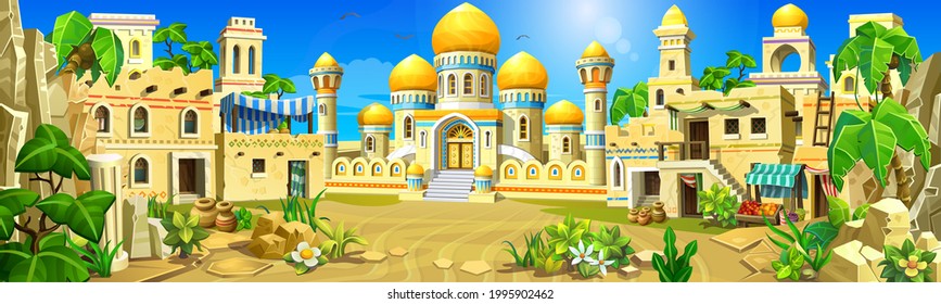 Arabian stone town in the desert. A palace with white walls, towers and golden domes, tents. Temples, mosques, houses with oriental decorations.  - Shutterstock ID 1995902462