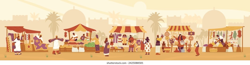 Arabian street bazaar with buyers and sellers with ancient city at the background flat vector horizontal banner. Middle Eastern market with different crafts and food stalls flat vector illustration.