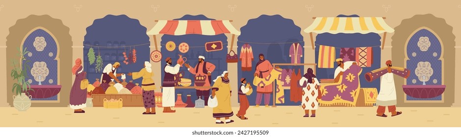 Arabian street bazaar with buyers and sellers with pottery, carpets, clothes and spices stalls vector horizontal banner. Middle Eastern market flat vector illustration.