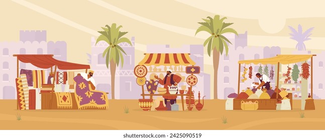 Arabian street bazaar with sellers with carpets, ceramics and spices stalls horizontal banner. Middle Eastern market with ancient city in the desert at the background flat vector illustration.