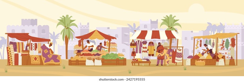 Bazar de calle árabe con vendedores con alfombras, ropa y puestos de especias cartel horizontal. Mercado de Oriente Medio con la ciudad antigua en el fondo ilustración vectorial plana.