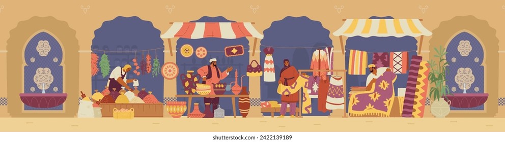 Arabian street bazaar with sellers with pottery, carpets, clothes and spices stalls vector horizontal banner. Middle Eastern market flat vector illustration.