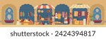 Arabian street market with pottery, carpets, clothes and spices stalls vector horizontal banner. Middle Eastern bazaar flat vector illustration.
