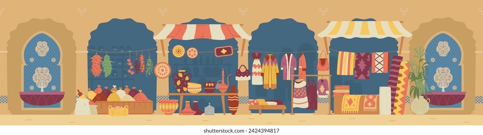 Arabian street market with pottery, carpets, clothes and spices stalls vector horizontal banner. Middle Eastern bazaar flat vector illustration.