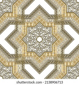 Arabian style gold vector seamless pattern. Ornamental muslim stars background. Luxury decorative repeat backdrop. Beautiful golden octagons ornament on whjte. Greek meanders. Isolated ornate design.