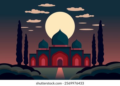 Arabian style palace with night sky and moon in background, flat style
