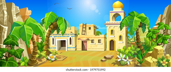 Arabian town among the sands and palm trees. An old Muslim town. Vector illustration.