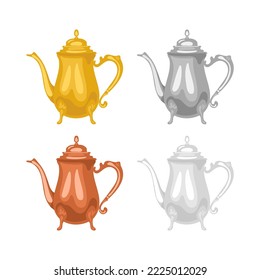 Arabian vintage metal coffee pots set. Vector illustrations of old kettles for hot drink. Cartoon traditional gold or brass, silver, copper Islamic teapot isolated on white. Arab hospitality concept