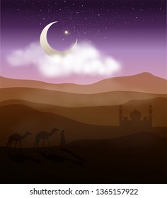 Arabian walking with camels to the mosque at the starry night of desert. The sky full of stars with the big Crescent Moon shining. Vector illustration background.