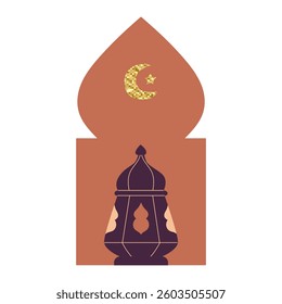 Arabian window shape with golden crescent moon and star, lantern flat vector illustration.