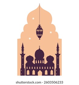 Arabian window shape with silhoutte of mosque, minarets, lantern flat vector illustration.