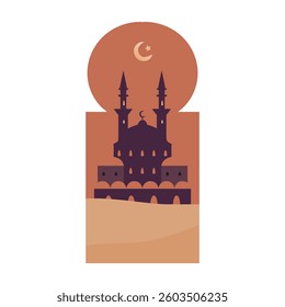 Arabian window shape with silhoutte of mosque, minarets, crecsent moon inside flat vector illustration.