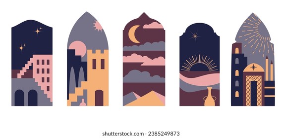 Arabian window silhouette set. abstract decorative eastern architecture landscapes. Sand and sky moon views through window . Isolated vector oriental windows template set.