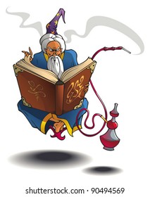 Arabian wizard levitating and reading the magic book, with hookah, vector illustration