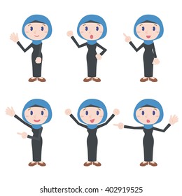 arabian woman character various posing clip art set, wearing hijab and abaya, vector illustration