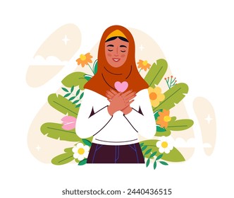 Arabian woman concept. Young girl with heart in hijab. Traditional islamic culture and clothes. Religion, belief and faith. Cartoon flat vector illustration isolated on white background