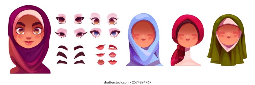 Arabian woman face constructor with colorful hijab variations. Set of expressive eyes, brows, lips elements for young islamic female cartoon avatar creation. Muslim character building components.