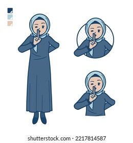 An arabian woman in hijab with be quiet hand sign images.It's vector art so it's easy to edit.