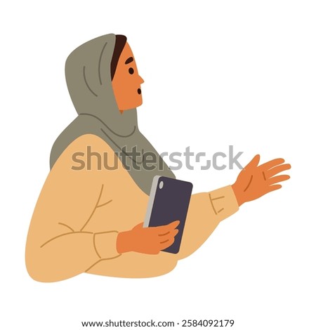 Arabian woman in hijab holding tablet portrait flat vector illustration isolated on white.