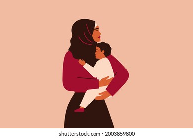 Arabian woman in hijab holds her baby with love and care. Strong muslim mother cuddles her child and looking forward. Vector illustration