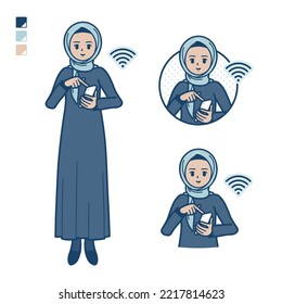 An arabian woman in hijab with Operate smartphone images.It's vector art so it's easy to edit.